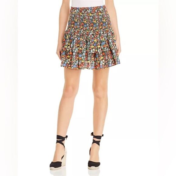 PERSEVERANCE London Poppy Floral Mini Skirt Smocked Tiered Ruffle Linen Sz 16 - Picture 3 of 11